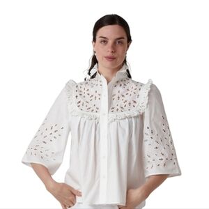 Women's White Eyelet Ruffle Yoke Blouse